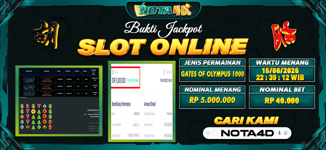 Bukti Kemenangan Besar Dibayar lunas Member NOTA4D RP 5.000.000, 16 Juni 2026