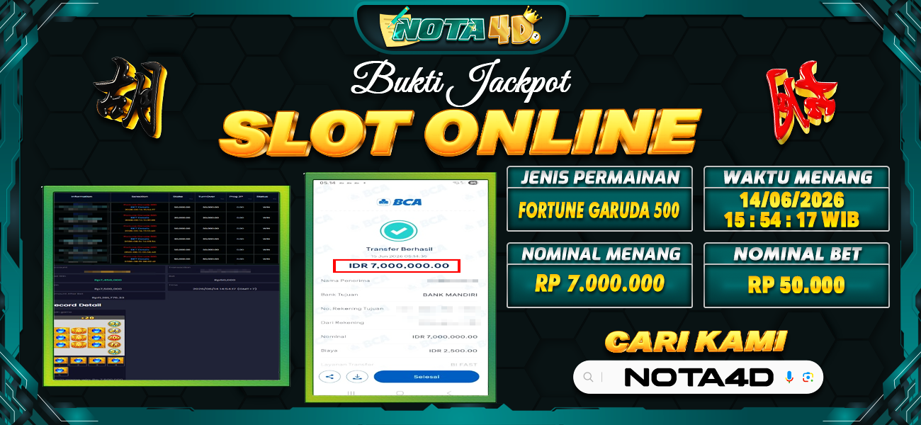 Bukti Kemenangan Besar Dibayar lunas Member NOTA4D RP 7.000.000, 16 Juni 2026