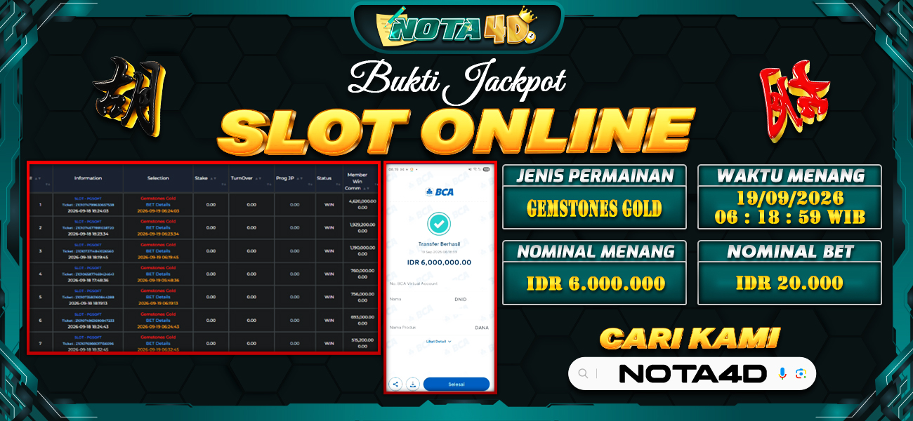 Bukti Kemenangan Besar Dibayar lunas Member NOTA4D RP 6.000.000, 19 September 2026