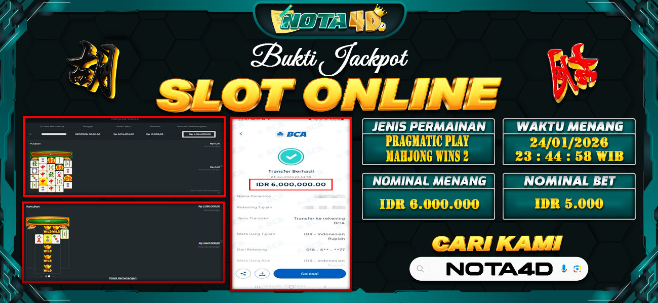 Bukti Kemenangan Besar Dibayar lunas Member NOTA4D RP 6.000.000, 25 Januari 2026