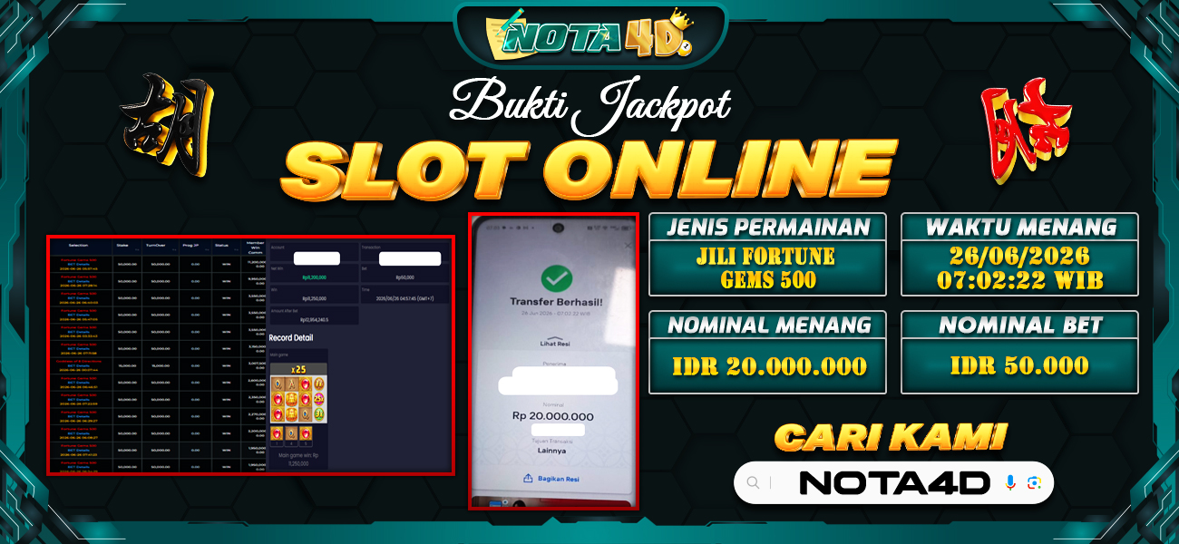 Bukti Kemenangan Besar Dibayar lunas Member NOTA4D RP 20.000.000, 26 Juni 2026