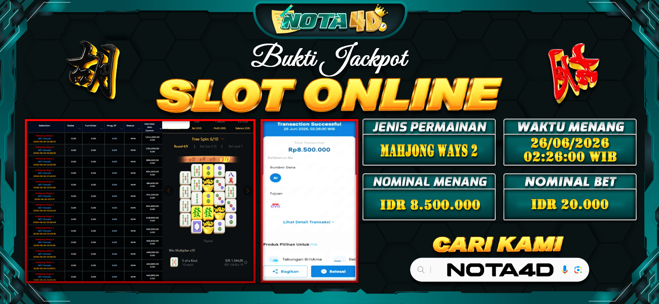Bukti Kemenangan Besar Dibayar lunas Member NOTA4D RP 8.500.000, 26 Juni 2026