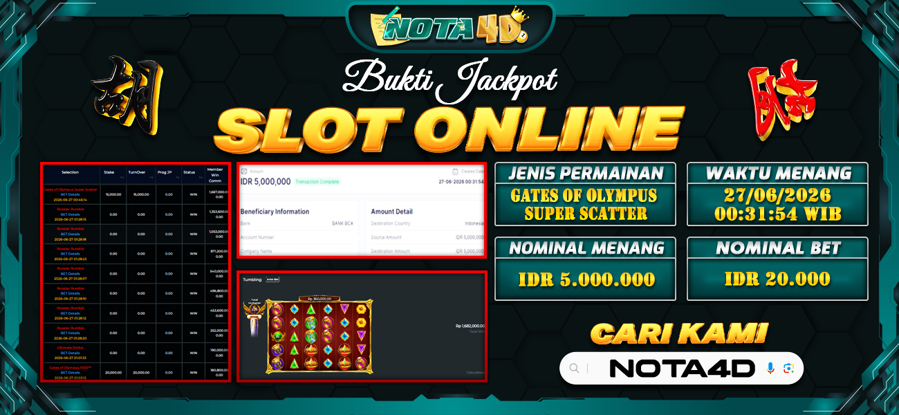 Bukti Kemenangan Besar Dibayar lunas Member NOTA4D RP 5.000.000, 27 Juni 2026