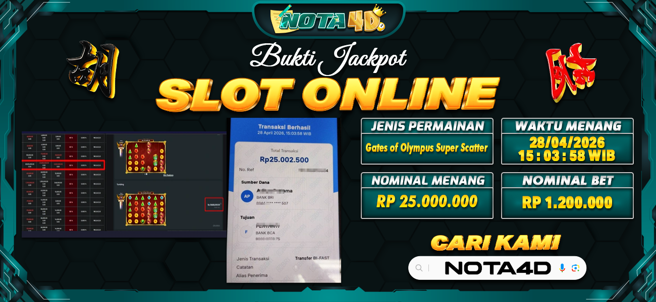 Bukti Kemenangan Besar Dibayar lunas Member NOTA4D RP 25.000.000, 28 April 2026